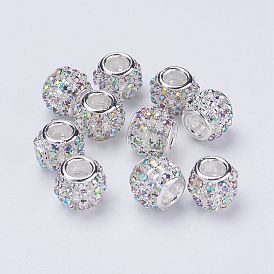 Silver Color Plated Alloy Grade A Rhinestone European Beads, Large Hole Beads, Rondelle, 12x10mm, Hole: 4mm