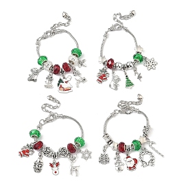 4Pcs 4 Styles Christmas Theme Glass & Alloy European Beads Bracelet Sets for Women, Brass Round Snake Chain Bracelet