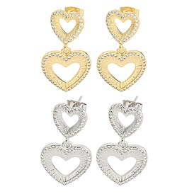 Hollow Heart Brass Pave Clear Cubic Zirconia Dangle Stud Earrings