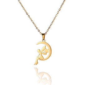 Titanium Steel Pendant Necklaces, Angel with Moon