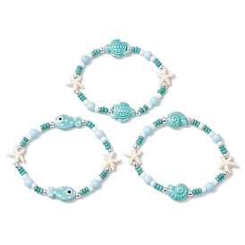 3Pcs Synthetic Turquoise & Porcelain & Dyed Natural Howlite Beads Stretch Bracelets for Women, Turtle & Starfish & Fish, with Electroplate Non-magnetic Synthetic Hematite Beads