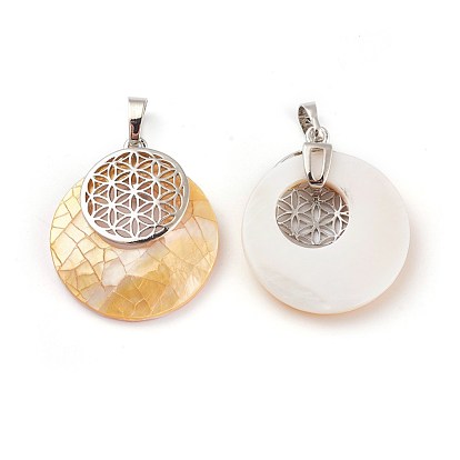 Natural Shell Pendants, Spiritual Charms, with Platinum Tone Brass Findings, Flat Round with Flower of Life/Sacred Geometry