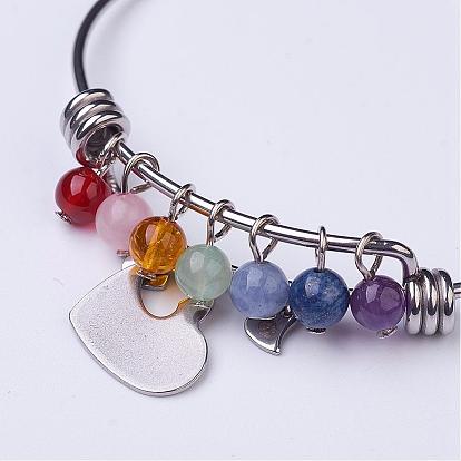 304 Stainless Steel Heart Charm Bangles, with Natural Gemstone Beads