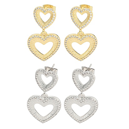 Серьги-гвоздики с подвесками из латуни с полым сердцем и прозрачным фианитом