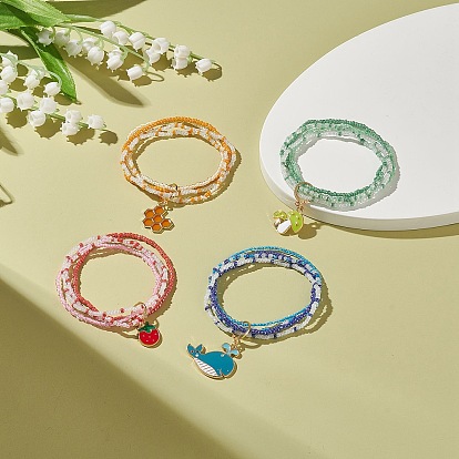 4Pcs 4 Style Glass Seed Beaded 4 Layer Multi-strand Bracelets Set, Whale & Strawberry & Honeycomb Alloy Enamel Charms Stackable Bracelets for Women