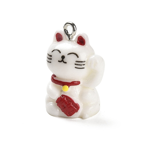 Opaque Resin Pendants, Cute Lucky Cat Charms with Platinum Plated Iron Loops