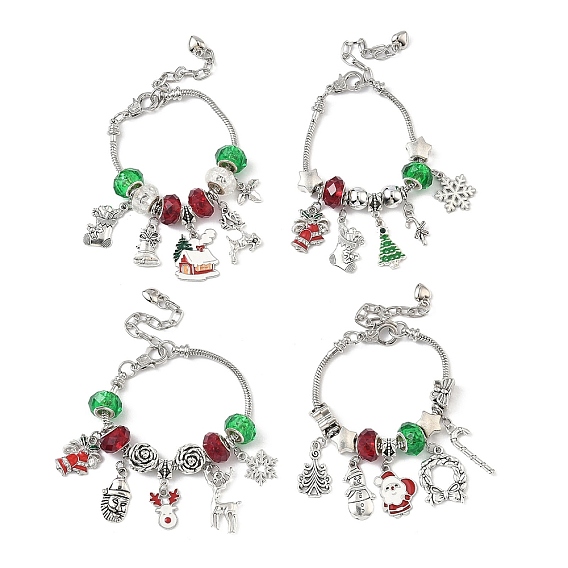 4 шт 4 стили рождественские тематические стеклянные и сплавные европейские бусины браслет наборы для женщин, латунный браслет с круглой змеиной цепочкой