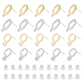 40 шт 4 стиль 201 серьги-гвоздики из нержавеющей стали, с горизонтальными петлями и 316 штифтом из нержавеющей стали, кольцо и овальные, с 50 пластиковыми ушными гайками