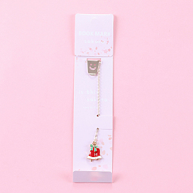 Alloy Enamel Christmas Bell Charm with Long Chain Tassel Bookmark, Smiling Face Clips Bookmark for Women, Light Gold