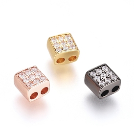 Brass Micro Pave Cubic Zirconia Slide Charms, Long-Lasting Plated, Cube, Clear