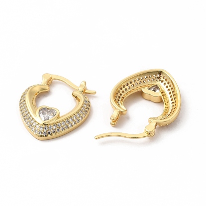 Clear Cubic Zirconia Heart Hoop Earrings with Glass, Brass Jewelry for Women
