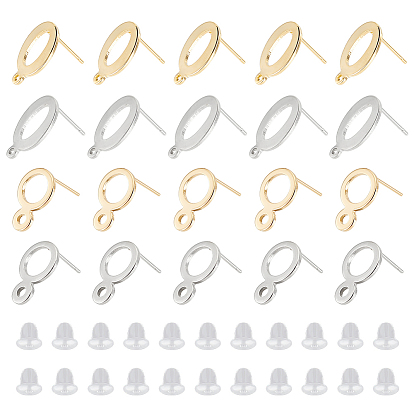 40 шт 4 стиль 201 серьги-гвоздики из нержавеющей стали, с горизонтальными петлями и 316 штифтом из нержавеющей стали, кольцо и овальные, с 50 пластиковыми ушными гайками