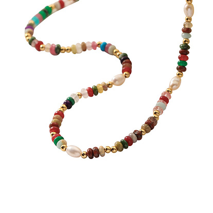 Bohemian Colorful Beaded Stone Necklace Handmade Pearl Collarbone Chain - Vintage Style, Personalized.