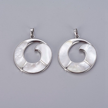 Natural White Shell Mother of Pearl Shell Pendants, with Platinum Tone Brass Findings, Vortex