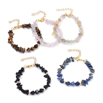 Natural Gemstone Beaded Bracelets, with Brass Beads and Lobster Claw Clasps, Nuggets
