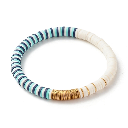 Handmade Polymer Clay Heishi Beads Stretch Bracelets Set, Surfering Bracelet, Starfish & Shell Shape Charm Bracelets for Women, Golden