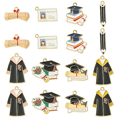 14Stück 7Stile Graduierung Saison Legierung Emaille Anhänger, Schuluniform & Schülerausweis & Junggesellenhut & Buch & Bleistift