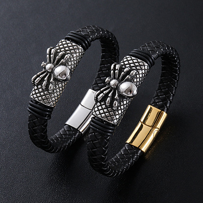 Браслеты из плетеного шнура из искусственной кожи в стиле панк, 304 Браслеты с подвесками в виде пчел из нержавеющей стали для мужчин, с магнитной застежкой