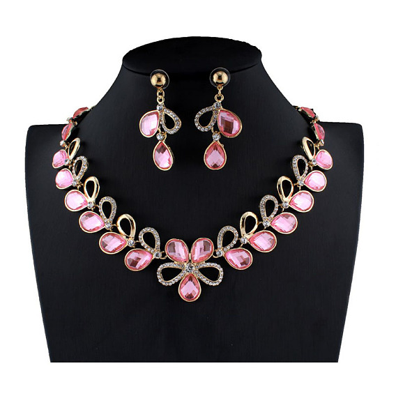 Комплекты украшений из цинкового сплава со стразами, включают серьги и ожерелья, цветок и листья