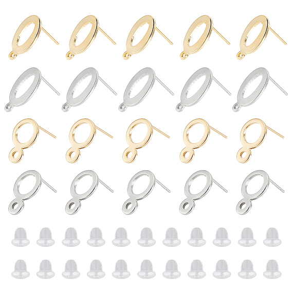 40 шт 4 стиль 201 серьги-гвоздики из нержавеющей стали, с горизонтальными петлями и 316 штифтом из нержавеющей стали, кольцо и овальные, с 50 пластиковыми ушными гайками