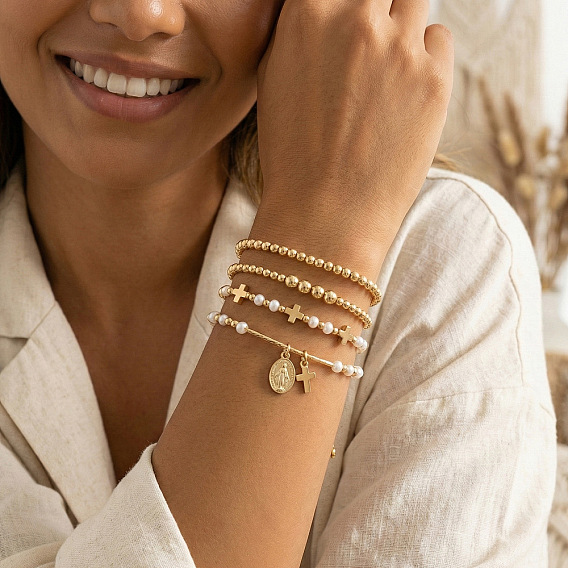 Пластиковые браслеты из искусственного жемчуга, эластичные, браслеты с металлическими крестами и овальными подвесками