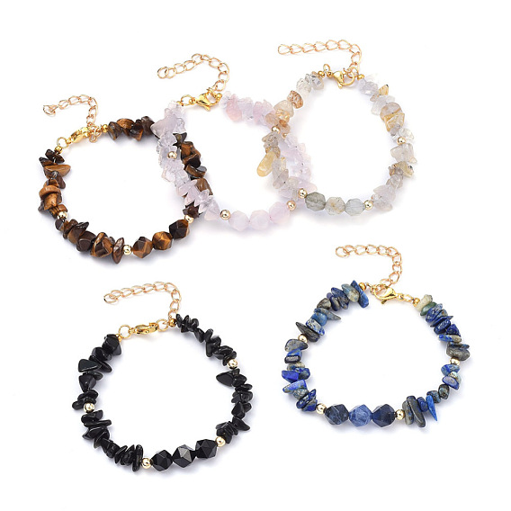 Natural Gemstone Beaded Bracelets, with Brass Beads and Lobster Claw Clasps, Nuggets