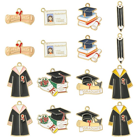 14Pcs 7 Styles Graduation Season Alloy Enamel Pendants, School Uniform & Student Card & Bachelor Cap & Book & Pencil