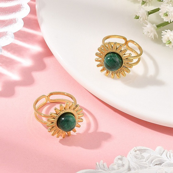 Natural Malachite & Stainless Steel Cuff Open Rings, Sun, Golden