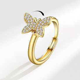 Регулируемые вращающиеся кольца на палец из латуни с инкрустацией кубическим цирконием и эмалью для женщин., бабочка, Кольцо-спиннер для успокоения беспокойства, медитации