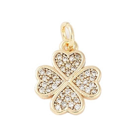 Rack Plating Brass Micro Pave Clear Cubic Zirconia Charms, with Jump Ring, Long-Lasting Plated, Lead Free & Cadmium Free, Four Leaf Clover