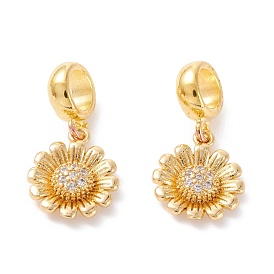 Brass Cubic Zirconia European Dangle Charms, Largr Hole Pendants, Long-Lasting Plated, Real 18K Gold Plated, Flower