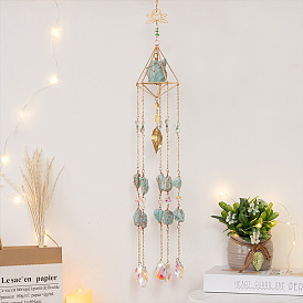 Glass Teardrop Pendant Decorations, Hanging Suncatchers, with Metal Lotus Link and Natural Amazonite Chips, Iron Findings, for Home Car Decorations