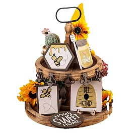 Bee Wooden Tiered Tray Decor Set, include Wood Block & Bees, for Spring Home Farmhouse Rustic Decorations