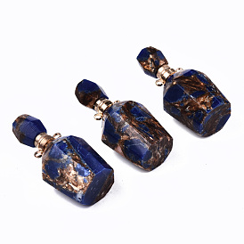 Assembled Synthetic Bronzite and Lapis Lazuli Openable Perfume Bottle Pendants, with Light Gold Brass Findings, Dyed