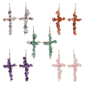 Natural Gemstone Cross Dangle Earrings, with Alloy and Brass Wire Jewelry for Women