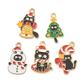 Christmas Kitty Alloy Enamel Pendants, Light Gold, Cat with Bell/Tree/Scarf Charm