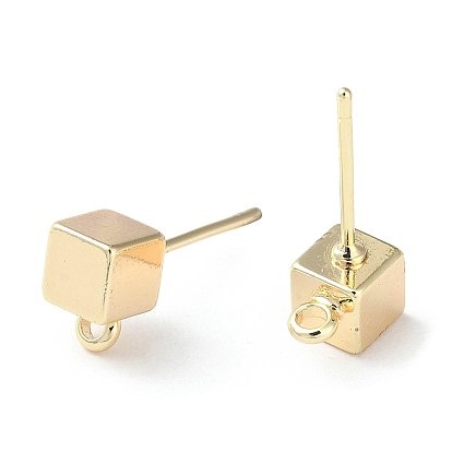 Brass Stud Earring Findings, with Horizontal Loop, Cube