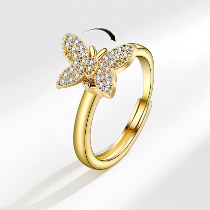 Регулируемые вращающиеся кольца на палец из латуни с инкрустацией кубическим цирконием и эмалью для женщин., бабочка, Кольцо-спиннер для успокоения беспокойства, медитации