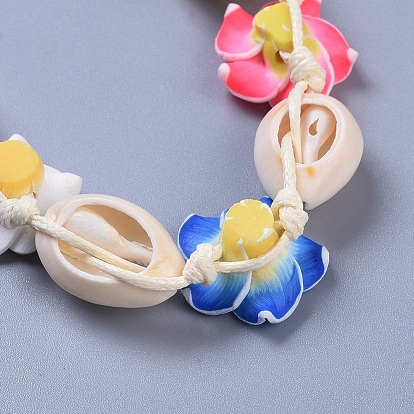 Adjustable Cowrie Shell Braided Bead Bracelets, with Eco-Friendly Korean Waxed Polyester Cord and Polymer Clay 3D Flower Plumeria Beads