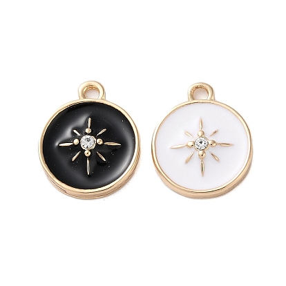 Цинк подвески эмали сплава, со стразами, золотые, плоский круглый с шармом в виде звезды