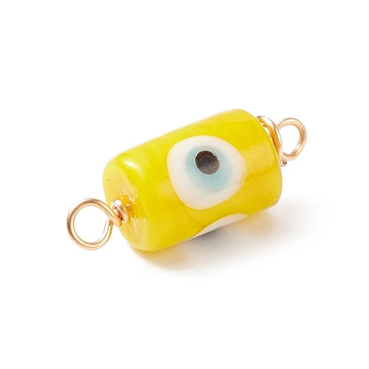 Handmade Evil Eye Column Lampwork Connector Charms, with Light Gold Plated Copper Wire Double Loops