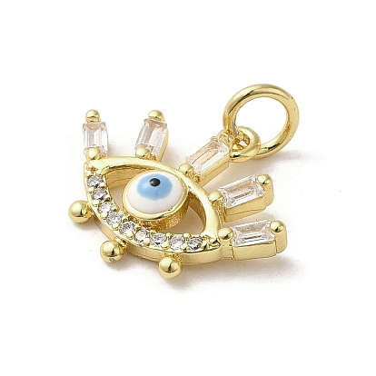 Brass Micro Pave Cubic Zirconia Pendants, with Enamel and Glass, with Jump Ring, Real 18K Gold Plated, Evil Eye