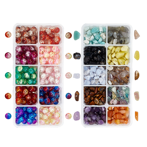 Glass Round Beads, with Natural Gemstone Chip Beads