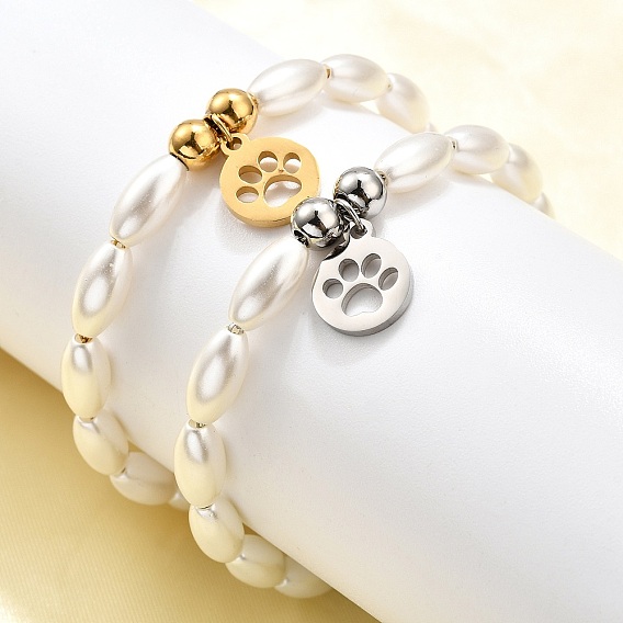 304 плоские круглые браслеты из нержавеющей стали с отпечатками лап для женщин, с пластиковыми бусинами из искусственного жемчуга