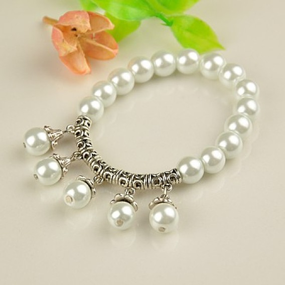 Карнавал ювелирных тибетский стиль шарм браслеты, стрейч браслеты, со стеклянной жемчуг, 55 мм