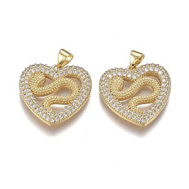 Brass Micro Pave Clear Cubic Zirconia Pendants, with Snap on Bails, Long-Lasting Plated, Heart with Dragon