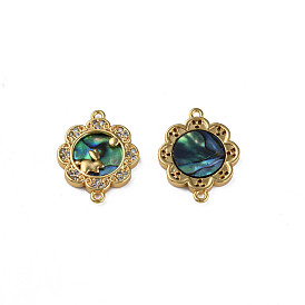 Brass Micro Pave Clear Cubic Zirconia Connector Charms, with Synthetic Abalone Shell/Paua Shell, Nickel Free, Flower