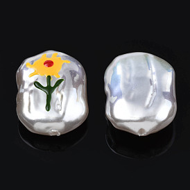 ABS Plastic Imitation Pearl Beads, with Enamel, Oval with Flower