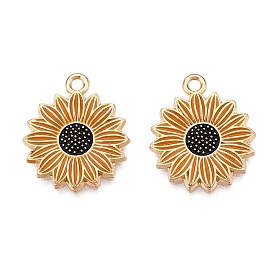 Alloy Enamel Pendants, Light Gold, Daisy Charm