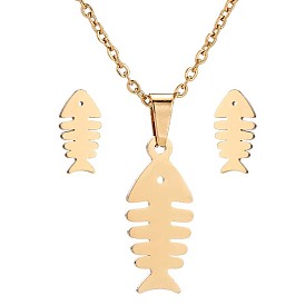 Simple Stainless Steel Fishbone Necklace and Earrings Set - Sweet and Cute Ocean Series.